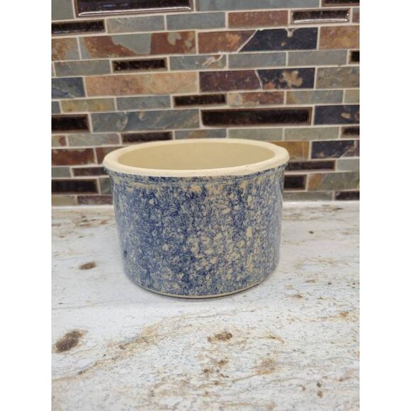 Vintage Butter Crock, Blue Spongeware, 1 Qt Stoneware, Country Kitchen - Picture 1 of 5